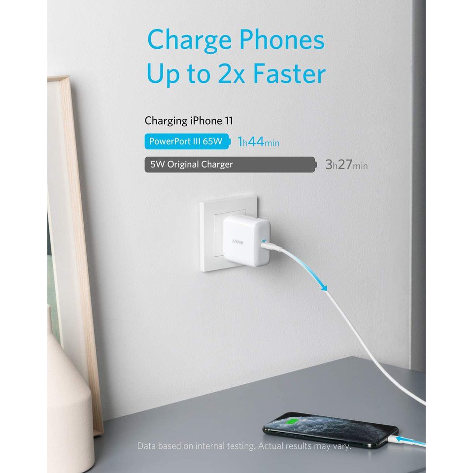 Cốc sạc nhanh chuẩn PD Anker 65W PIQ 3.0 Type-C, PowerPort III 65W (A2713)cho IPhone/IPad/Samsung...