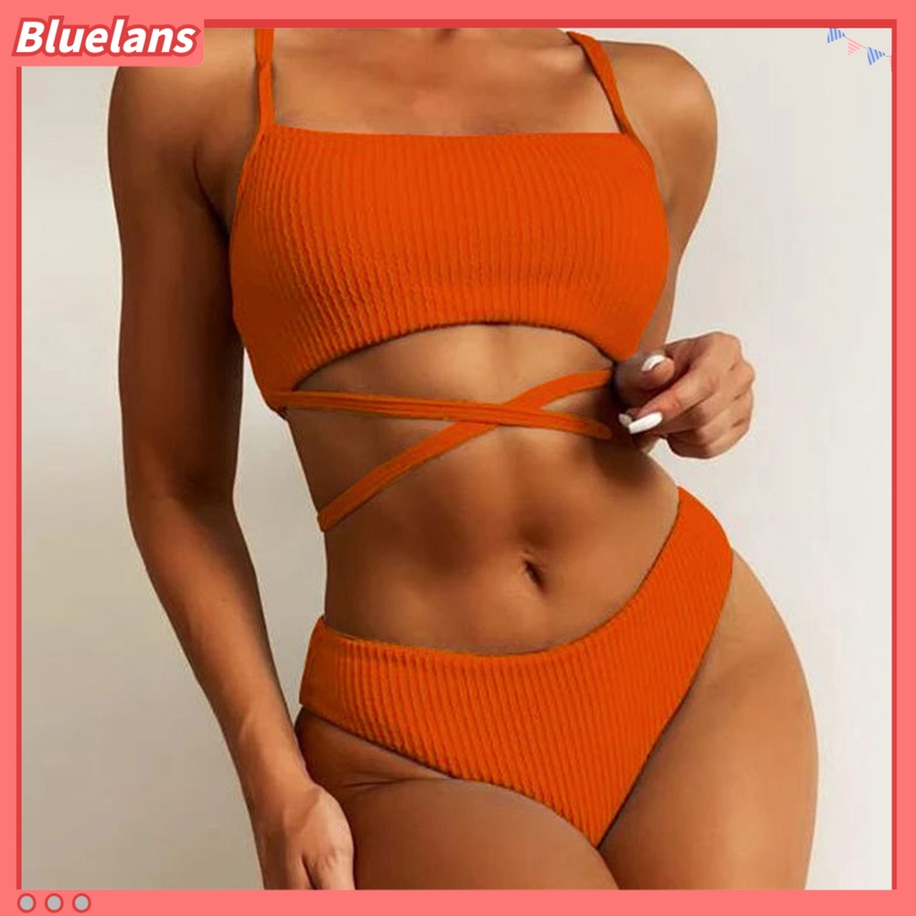 [BLS] Bộ Đồ Bơi Hai Dây Màu Trơn Có Gân Gợi Cảm Cho Nữ Hoạt Động Dưới Nước