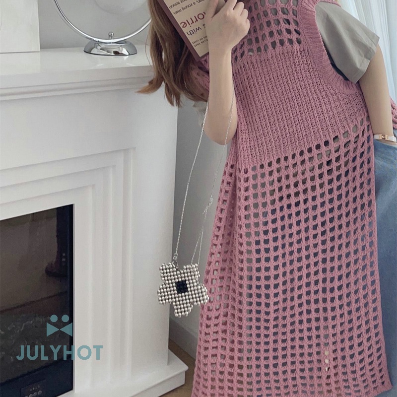 Đầm dệt kim không tay đường phố cao ngầu Đầm Vest xẻ rộng Đầm dài khoét lỗ cho nữ VN