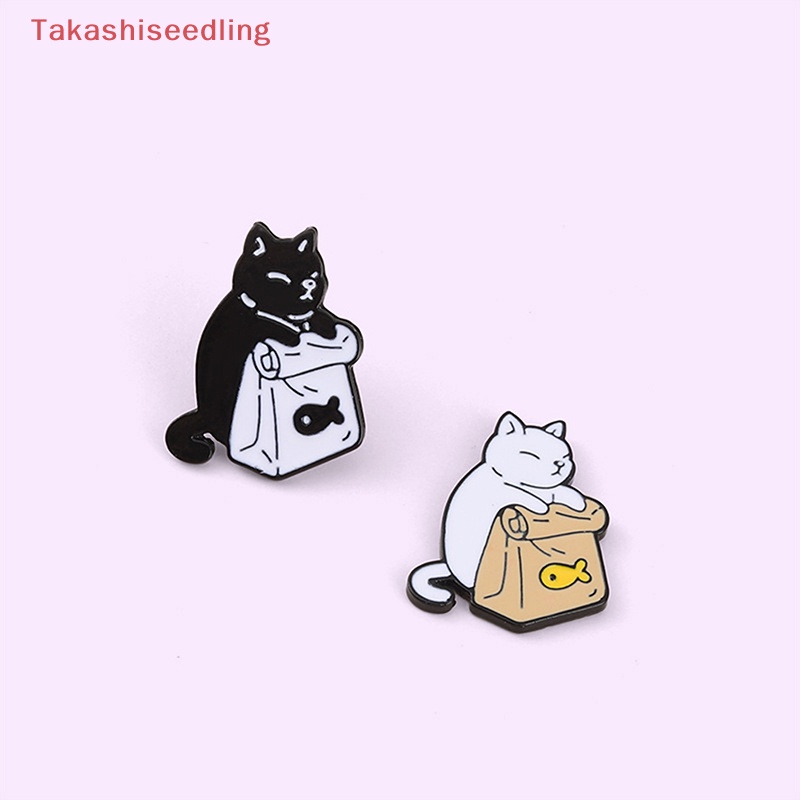 (Takashiseedling) Ghim Cài Áo Hình Chú Mèo Đáng Yêu Tráng Men Màu Trắng Đen