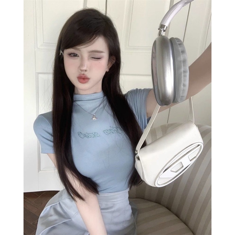 Desire Hot Girl Áo Thun Ngắn Tay Ôm Dáng Hở Vai Cổ Cao Co Giãn Phong Cách Ngọt Ngào JKI2 Cho Nữ