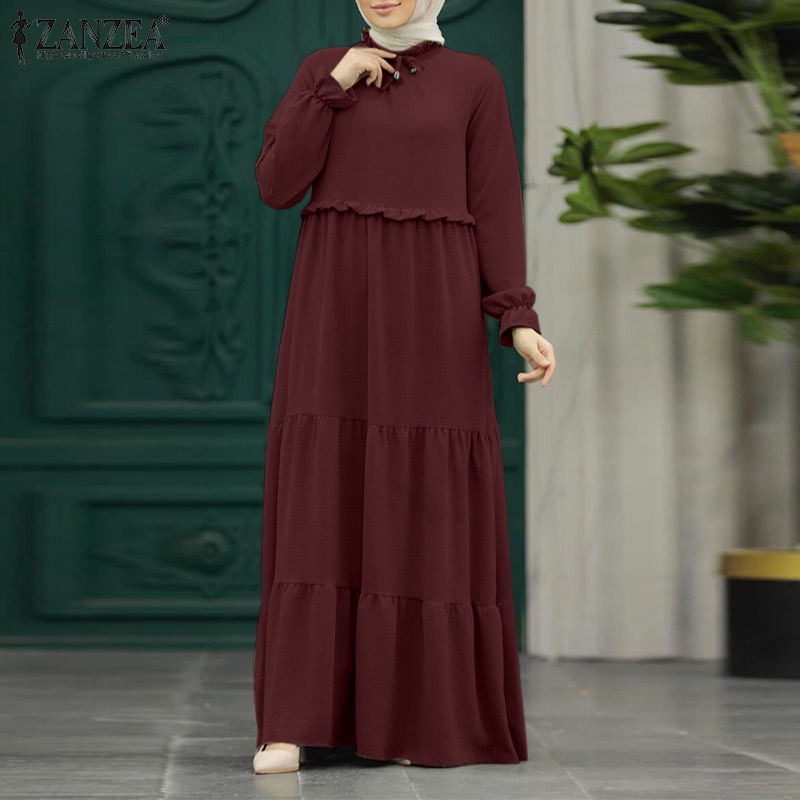 ZANZEA Women Muslim Daily Long Sleeves Decorative Ties Waistband Rubber Cuffs Ruffles Dresses