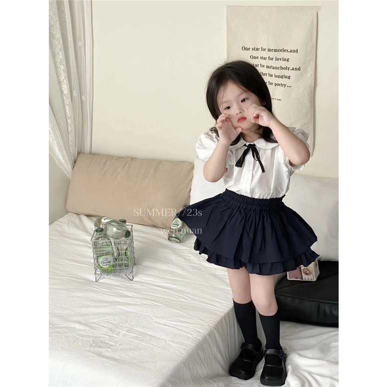 Áo Sơ Mi Tay Ngắn Cổ Peter Pan Thắt Nơ Phong Cách Preppy Mùa Hè Mới 2023 Cho Bé Gái