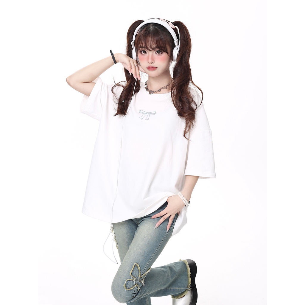 Áo Thun Lửng Dáng Rộng Cột Dây Nơ Thời Trang Mùa Hè Cho Nữ