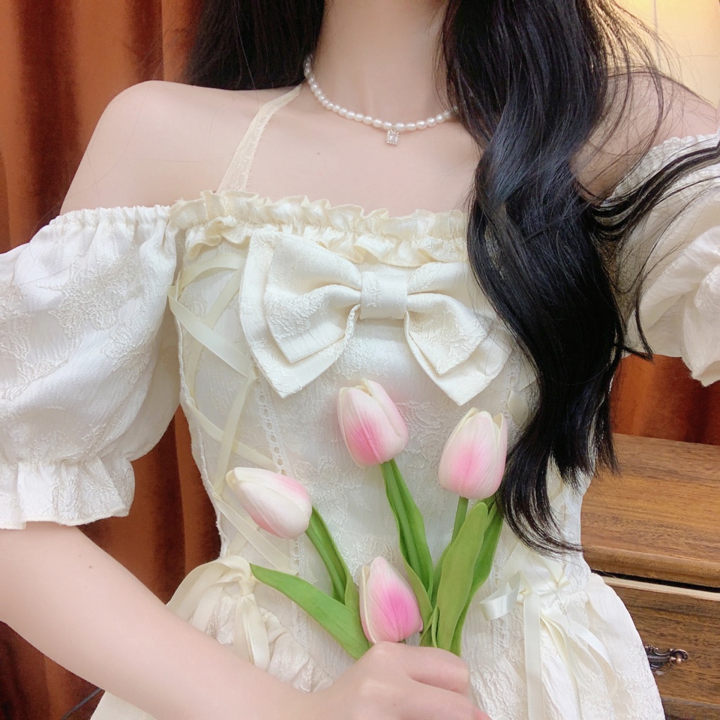 One Đầm Trễ Vai Eo Hẹp Màu Trơn Phong Cách Ngọt Ngào Cho Nữ