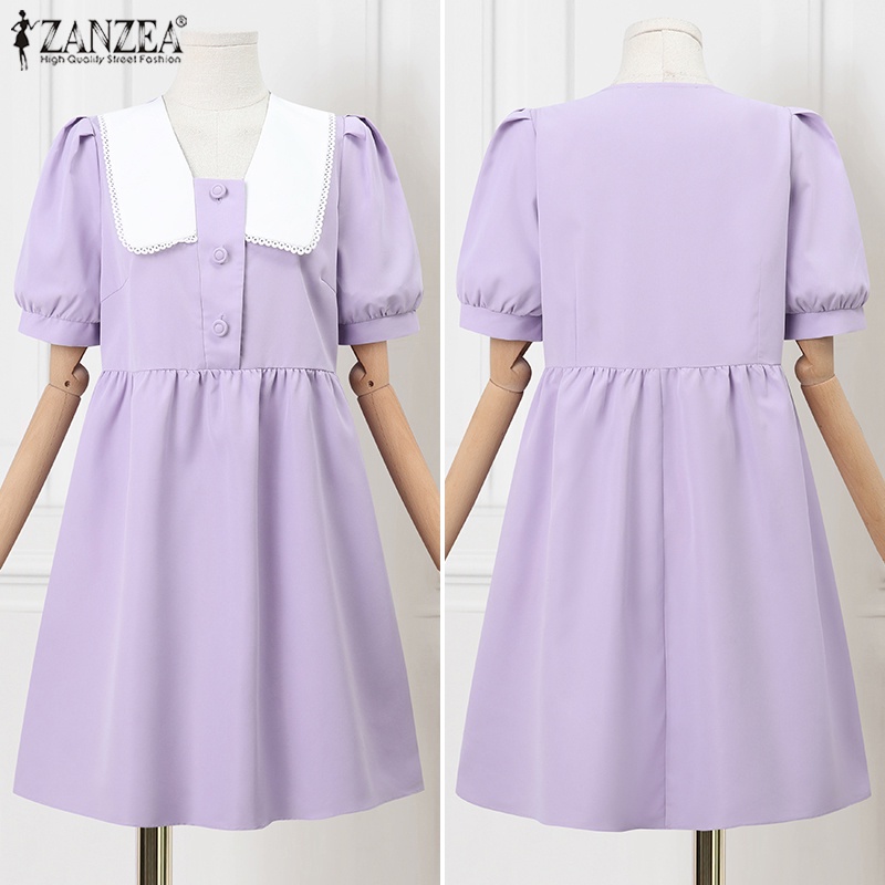 ZANZEA Đầm Mini Tay Ngắn Màu Trơn Dáng Rộng Phong Cách Hàn Quốc Thời Trang Cho Nữ