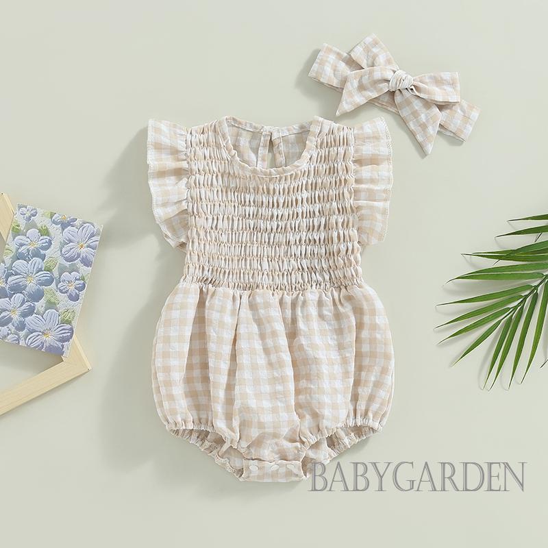 Bộ Áo Liền Quần Tay Ngắn Cổ Thuyền Họa Tiết Sọc Caro + Băng Đô Cài Tóc Thời Trang Mùa Hè Cho Bé Gái 0-18 Tháng Tuổi