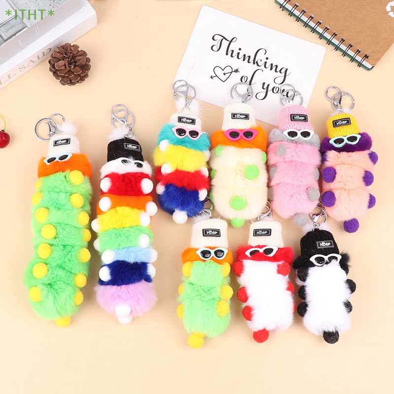 Móc Chìa Khóa Hình Sâu Bướm Phối Lông Thỏ Đáng Yêu Mới