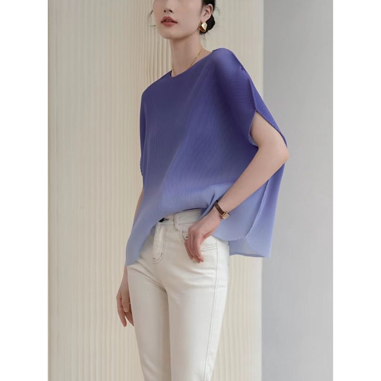 Miyake Áo Cánh Dơi Tay Lửng Dáng Rộng Xếp Ly Màu gradient Thời Trang Mùa Hè Cao Cấp Cho Nữ
