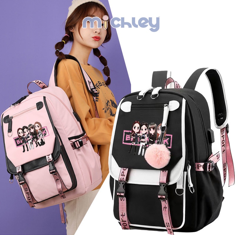 Balo đi học MICHLEY có cổng sạc USB họa tiết ngôi sao BLACKPINK Park Caiying Lisa Kim Ji-soo thời trang Hàn Quốc