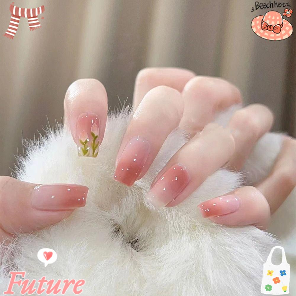 FUTURE Bộ Móng Tay Giả Đầu Vuông Dạng Nhấn Màu Hồng Thời Trang Dành Cho Nữ