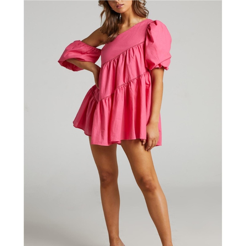 Đầm Ngắn Tay Dáng Chữ A Lệch Vai Thời Trang Cho Nữ