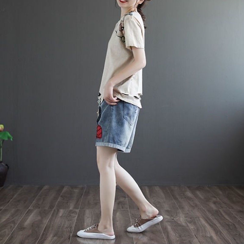 Quần Short Denim Lưng Thun Ống Rộng Thêu Họa Tiết Thời Trang Mùa Hè 2023 Cho Nữ