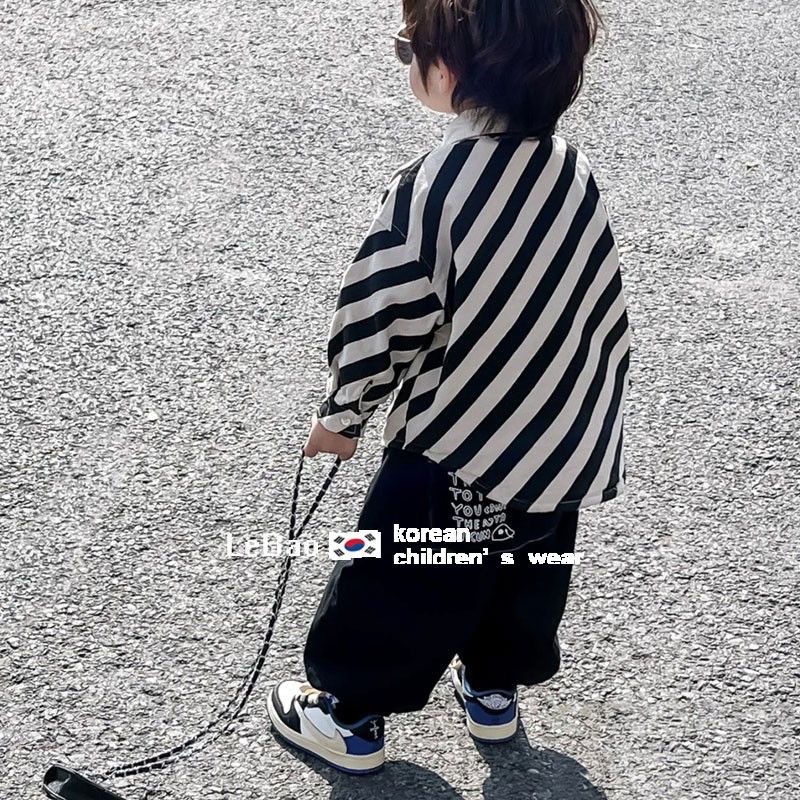 Bộ Áo Sơ Mi Kẻ Sọc Trắng Đen + Quần Dài Phong Cách Đường Phố Thời Trang Mùa Xuân Cho Bé Trai