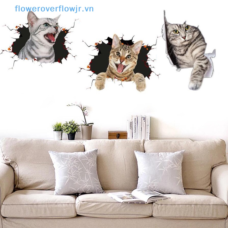 Sticker Dán Tường Chống Thấm Nước Họa Tiết Mèo 3D Dễ Thương Vui Nhộn