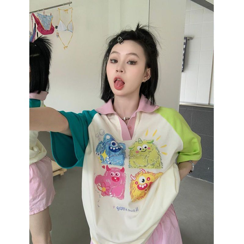 Áo Thun Raglan Tay Ngắn Màu Sắc Tương Phản Thời Trang Mùa Hè Dành Cho Nữ