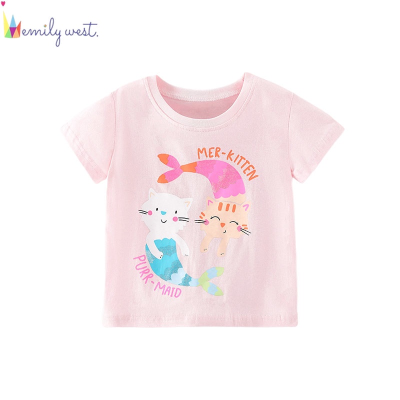 Áo Thun Cotton Tay Ngắn Cổ Tròn In Hình Khủng Long / Mèo / Kỳ Lân Dễ Thương Thời Trang Mùa Hè Cho Bé Gái