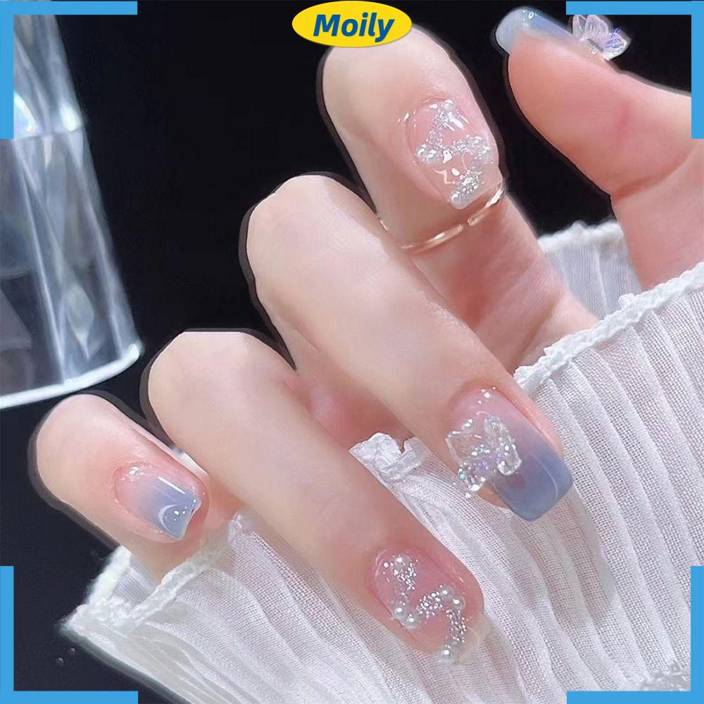 MOILYVN Hộp 24 Móng Tay Giả Ngắn Đầu Vuông Đính Đá Lấp Lánh Toàn Diện Có Thể Tháo Rời Cho Nữ