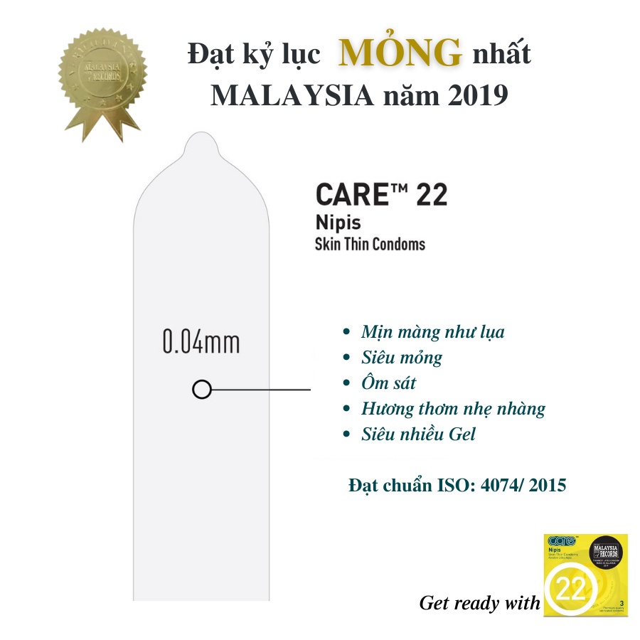 Bao cao su siêu mỏng Care 22 truyền nhiệt,nhiều gel bôi trơn cảm giác chân thật- hộp 3 bcs siêu mỏng