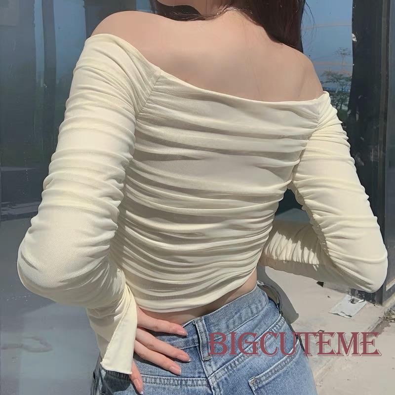 Áo Thun Crop Top Tay Dài Trễ Vai Màu Trơn Phong Cách Thời Trang Y2k Dành Cho Nữ