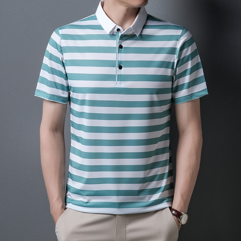 Áo Thun polo Cotton Lụa Lạnh Mỏng Dáng Rộng Tay Ngắn Kẻ Sọc Thoáng Khí Thời Trang Cho Nam