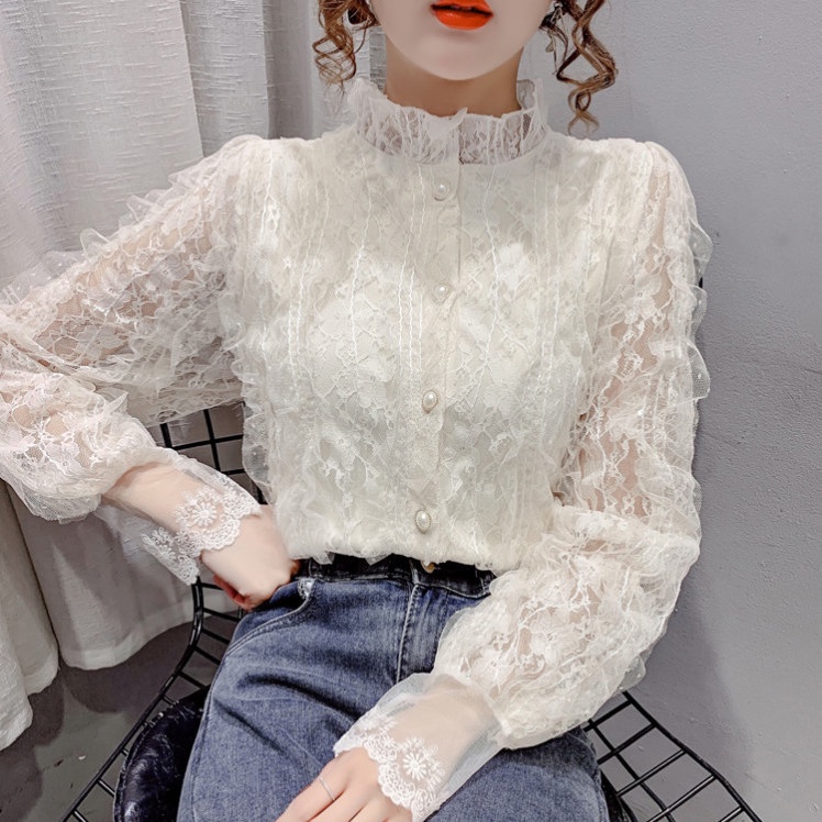 Áo Sơ Mi Chiffon Dài Tay Dáng Rộng Phối Ren Thiết Kế Mới Thời Trang Theo Phong Cách Pháp Cho Nữ