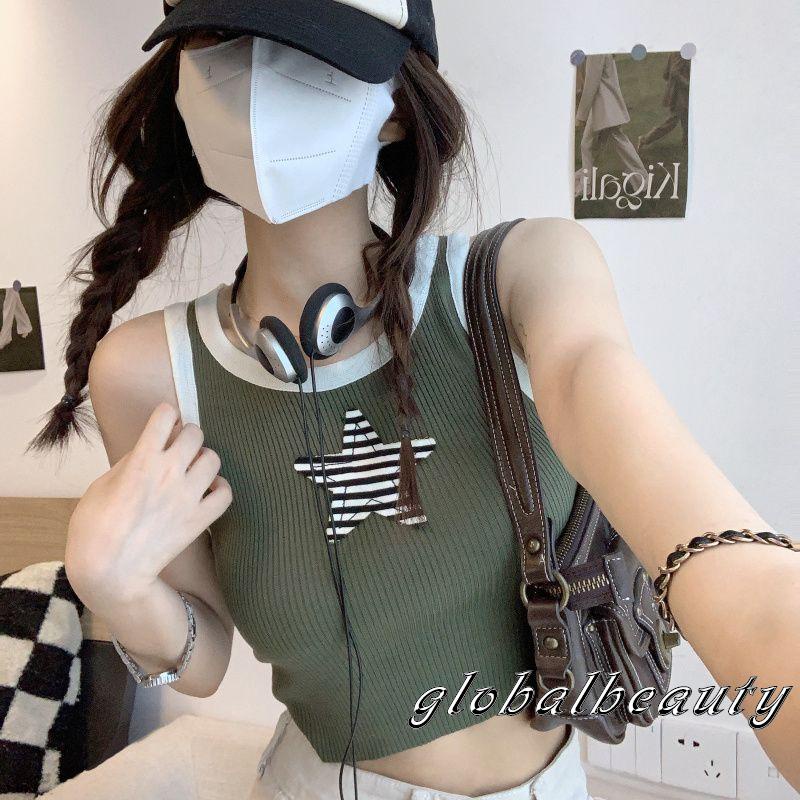 Áo Tank Top Không Tay Cổ Tròn Họa Tiết Kẻ Sọc Ngôi Sao Thời Trang Mùa Hè Cho Nữ