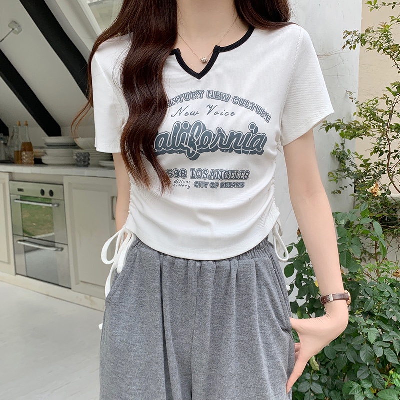 Áo Thun Tay Ngắn Cổ Chữ V In Họa Tiết monogram Tương Phản Thời Trang Hàn Quốc Cho Nữ