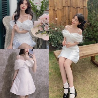 Váy tiểu thư trễ vai 2 dây dáng xoè chữ A chất tafta phối ren lông, Đầm trắng dự tiệc đám cưới đi chơi sang chảnh EYE2T