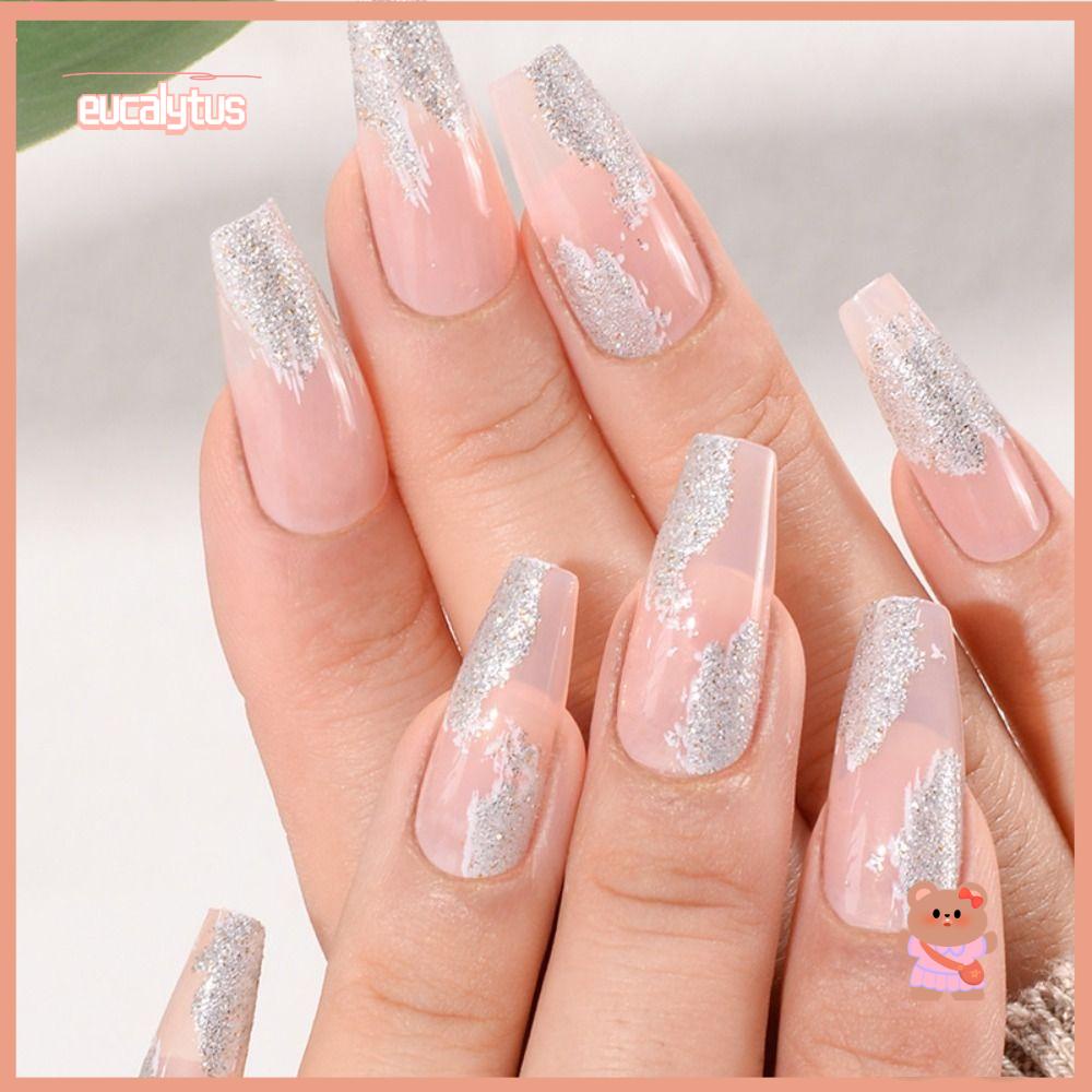 EUTUS Set 24 Móng Tay Giả Hình Bướm Màu Đen / Bạc / Gợn Sóng