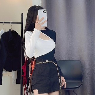 Áo gân phối trắng đen phom croptop nữ tay dài hottrend