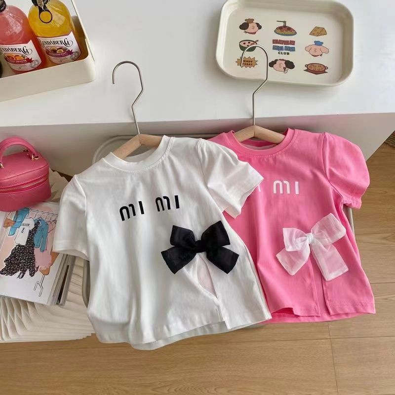 Áo Thun Cotton Mỏng Ngắn Tay Đính Nơ Thời Trang Mùa Hè Cho Bé Gái