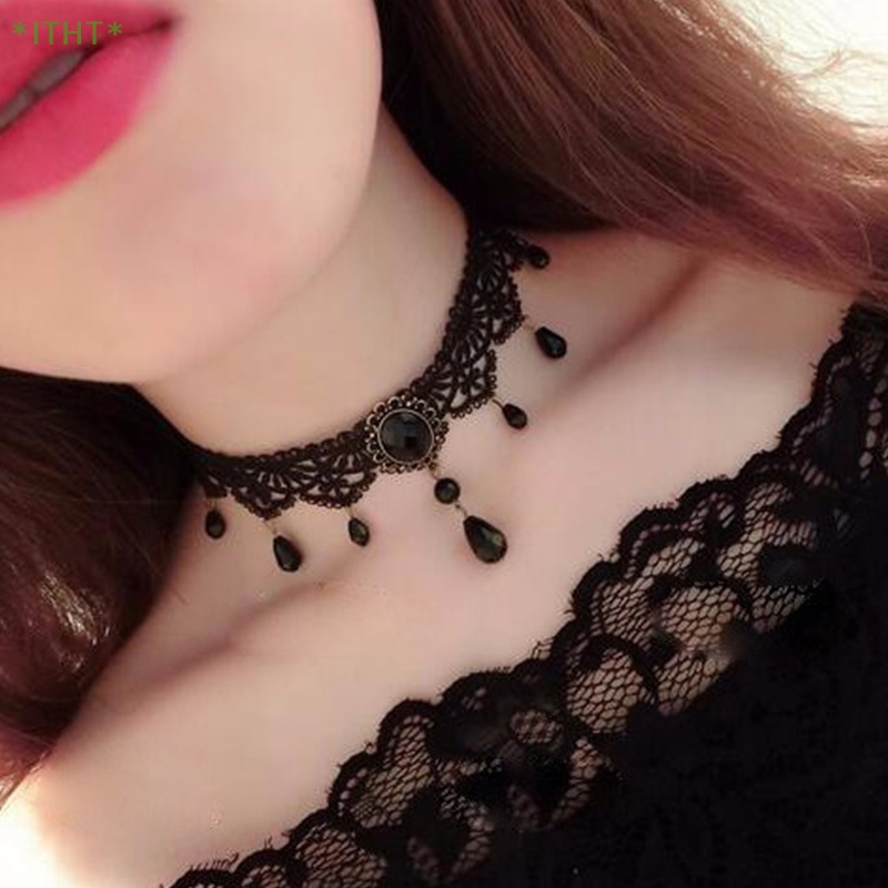 Vòng Cổ Choker Ren Màu Đen Đính Đá Phong Cách Gothic Quyến Rũ Mới
