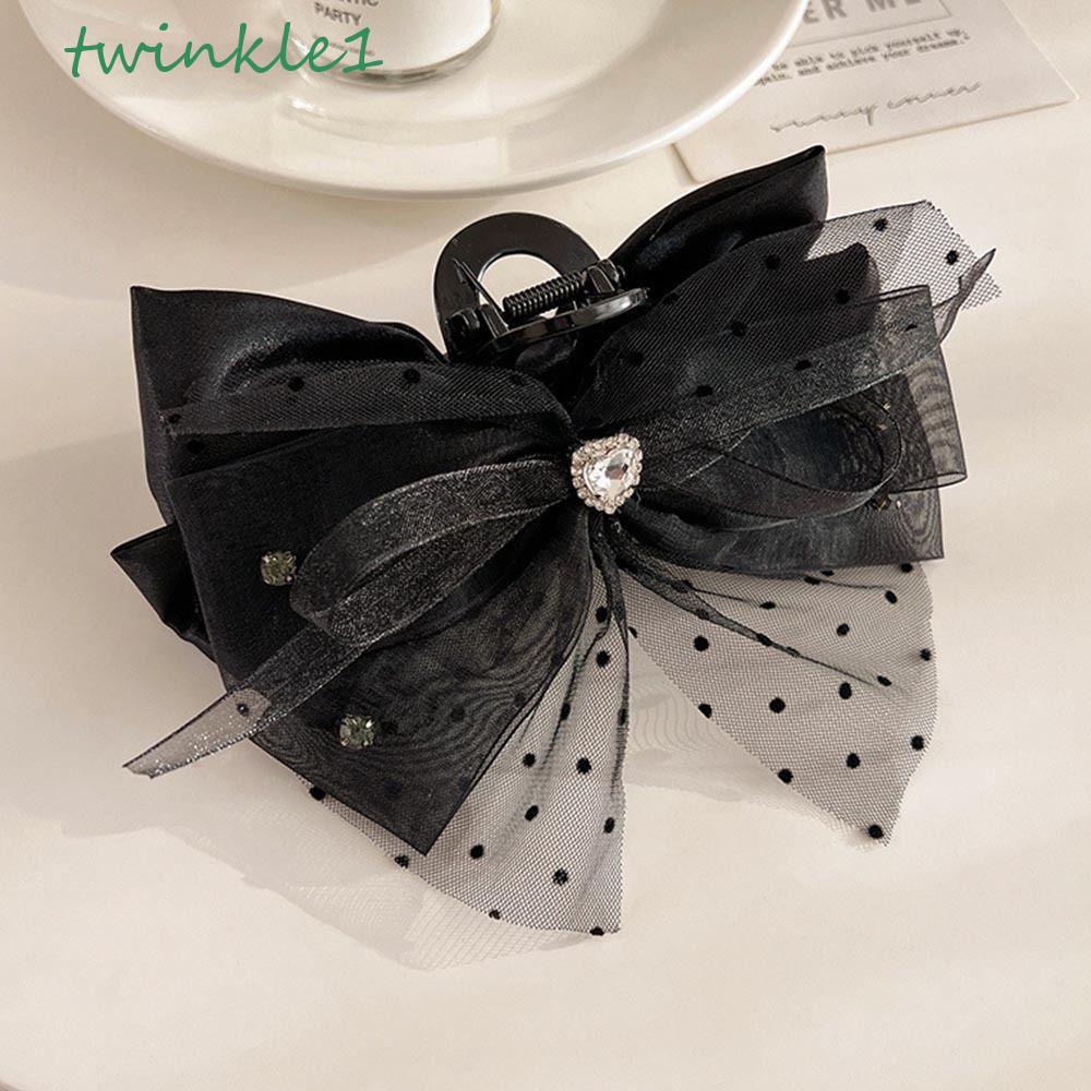TWINKLE Kẹp Tóc Nơ Phối Lưới Ruy Băng Tua Rua Màu Đen Phong Cách Hàn Quốc Thời Trang Dự Tiệc