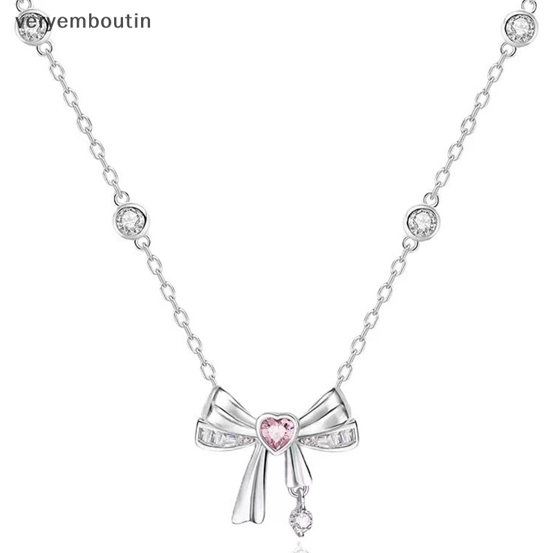 Dây Chuyền Bạc Mặt Hình Nơ / Trái Tim Đính Đá Zircon Màu Hồng Ngọt Ngào Thời Trang Cho Nữ