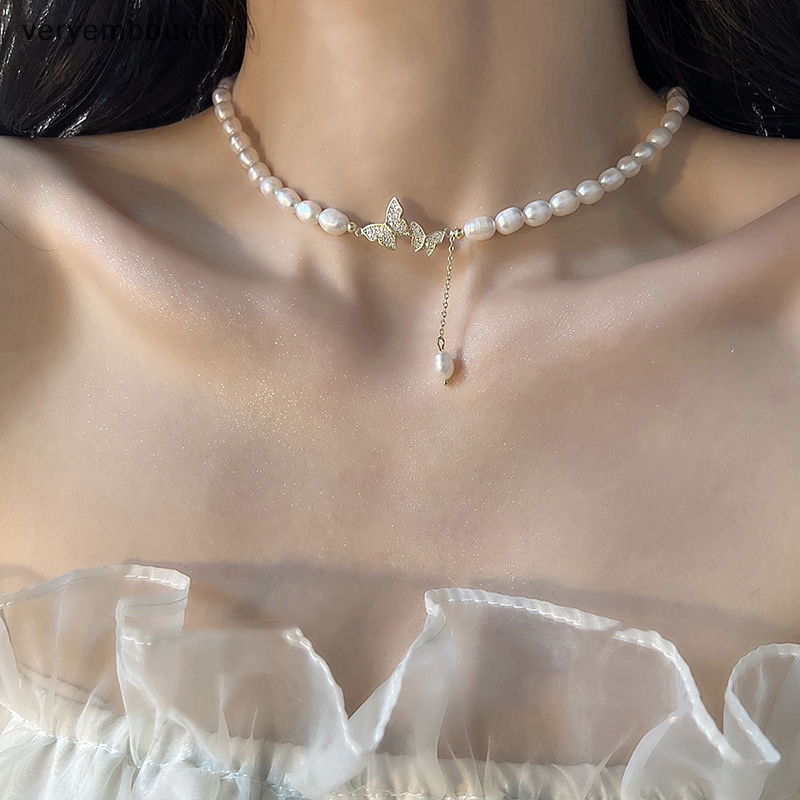 Vòng Cổ Choker Mặt Bướm Đính Ngọc Trai Zircon Lấp Lánh Thời Trang Có Thể Điều Chỉnh Cho Nữ