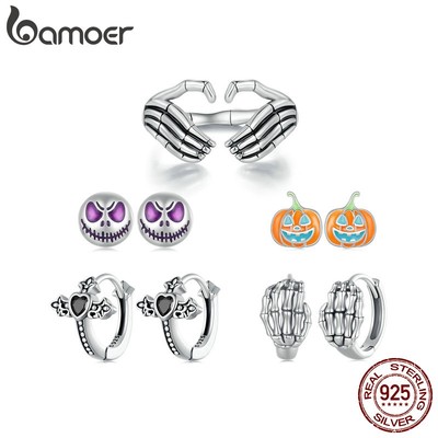 Bamoer Khuyên Tai Bạc Sterling 925 Hình Bàn Tay Grimace Bí Ngô Phong Cách Halloween Thời Trang