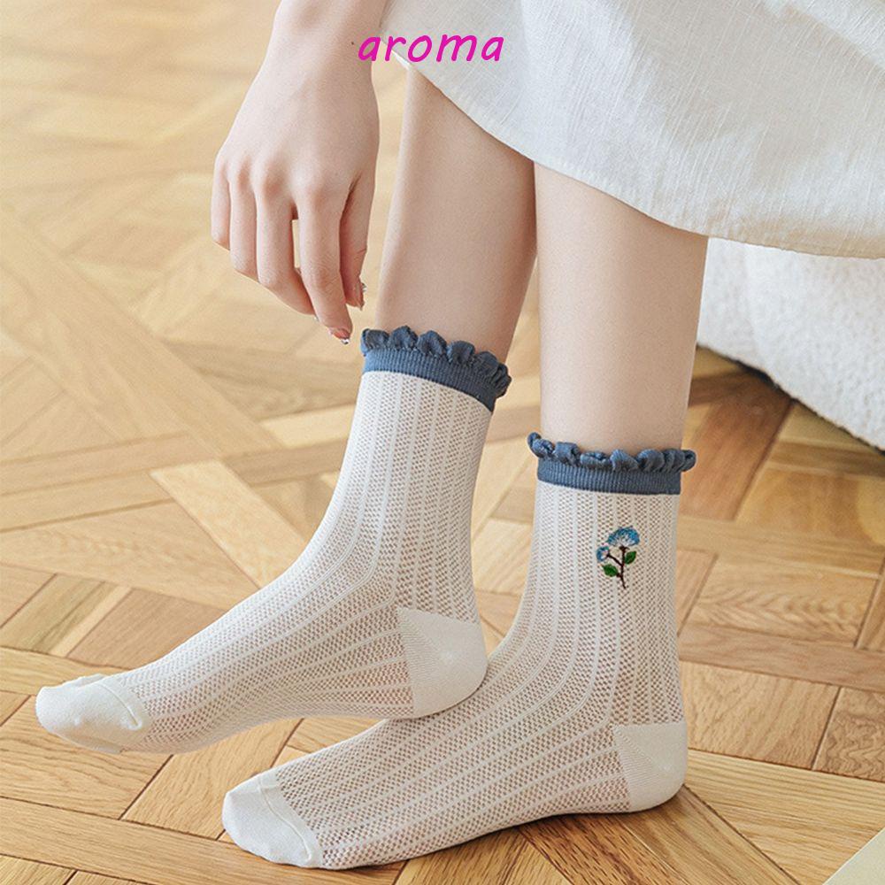 AROMA Tất Cổ Cao Trong Suốt Thoáng Khí In Họa Tiết Hoa Phong Cách Hàn Quốc Ngọt Ngào Thời Trang Cho Nữ