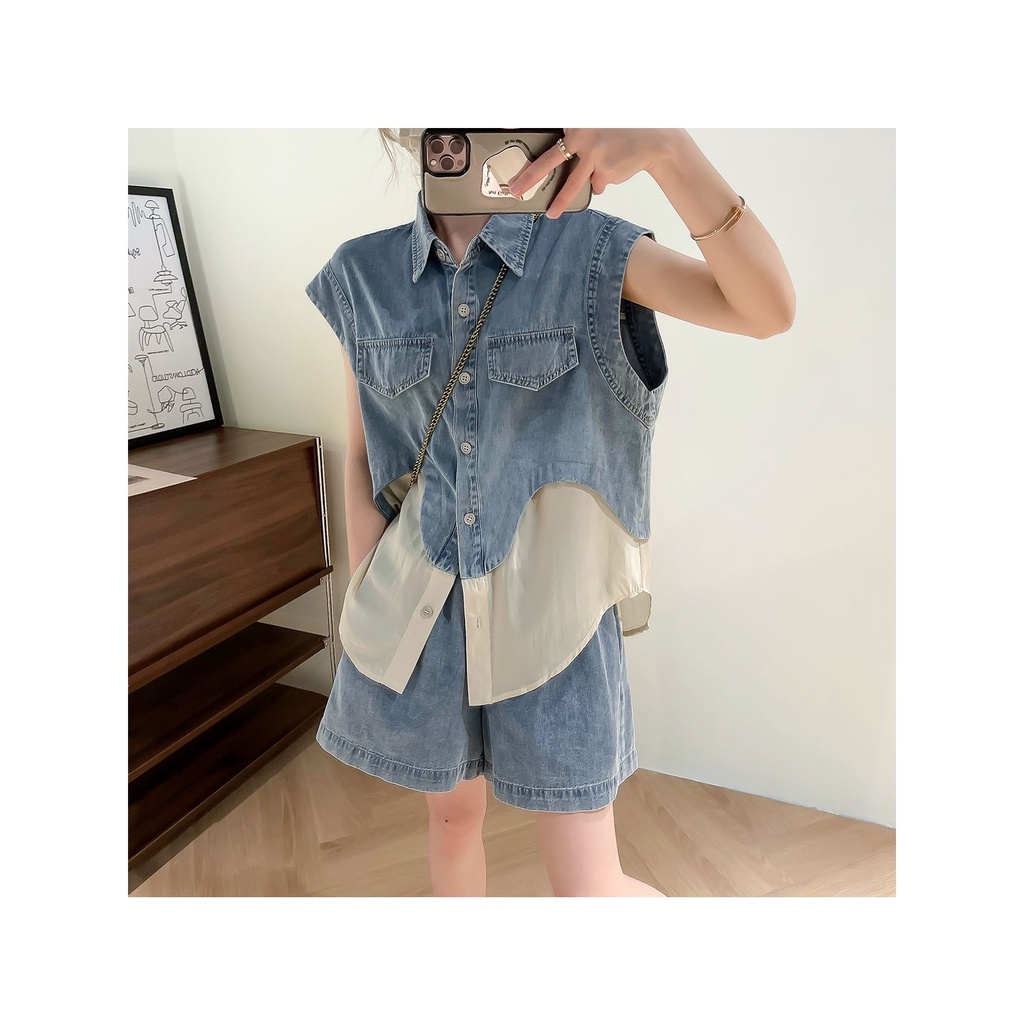 Bộ Áo Denim Không Tay + Quần Short Denim Phong Cách Hàn Quốc Thời Trang Mùa Hè 20023 Mới