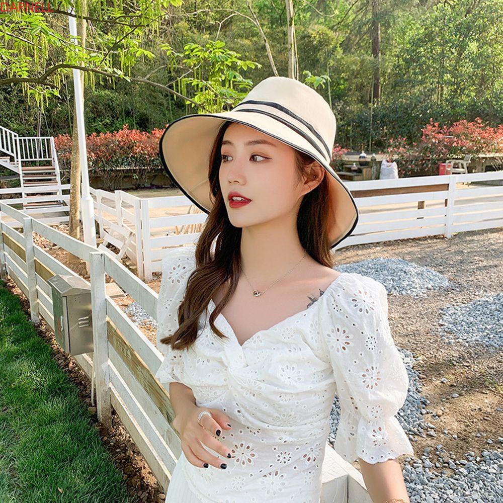 DARNELL Nón Tai Bèo Vành Tròn Họa Tiết Kẻ Sọc Thời Trang Mùa Hè