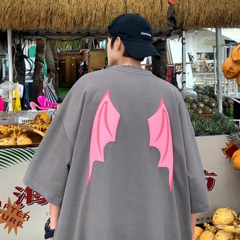 Áo Thun Tay Ngắn Dáng Rộng In Hình Cánh Quỷ Thời Trang Mùa Hè Cho Nam