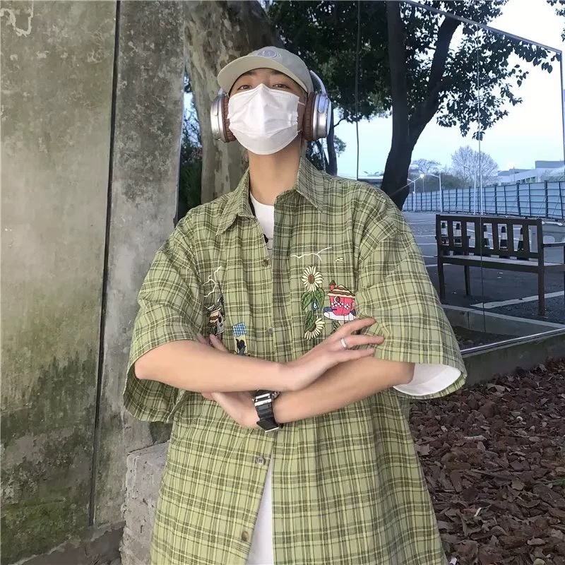 Áo Sơ Mi Nam Dáng Rộng Họa Tiết Caro Thời Trang Phong Cách Hàn Quốc