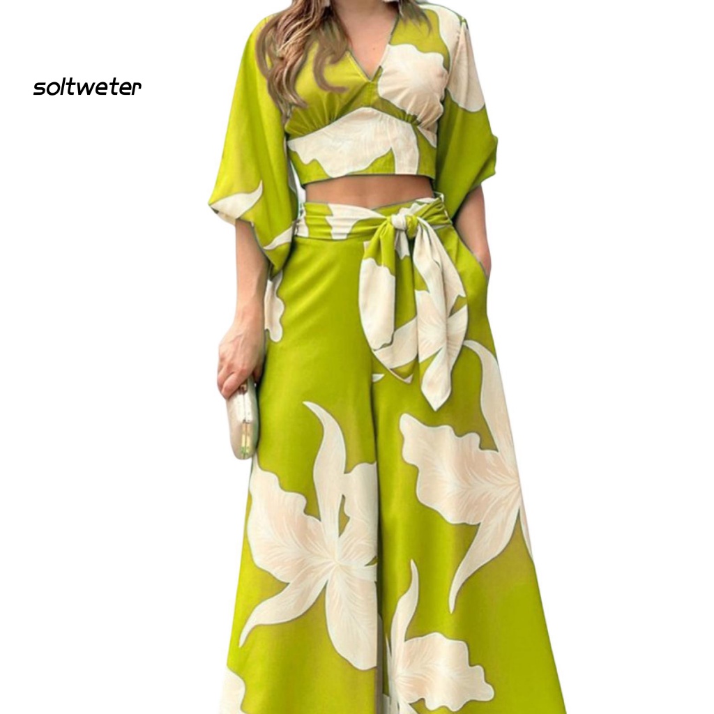 Bộ Trang Phục 2 Mảnh Gồm Áo Croptop Tay Lửng Cổ Chữ V Eo Cao Có Túi In Hoa Và Quần Dài Ống Rộng Thời Trang Công Sở