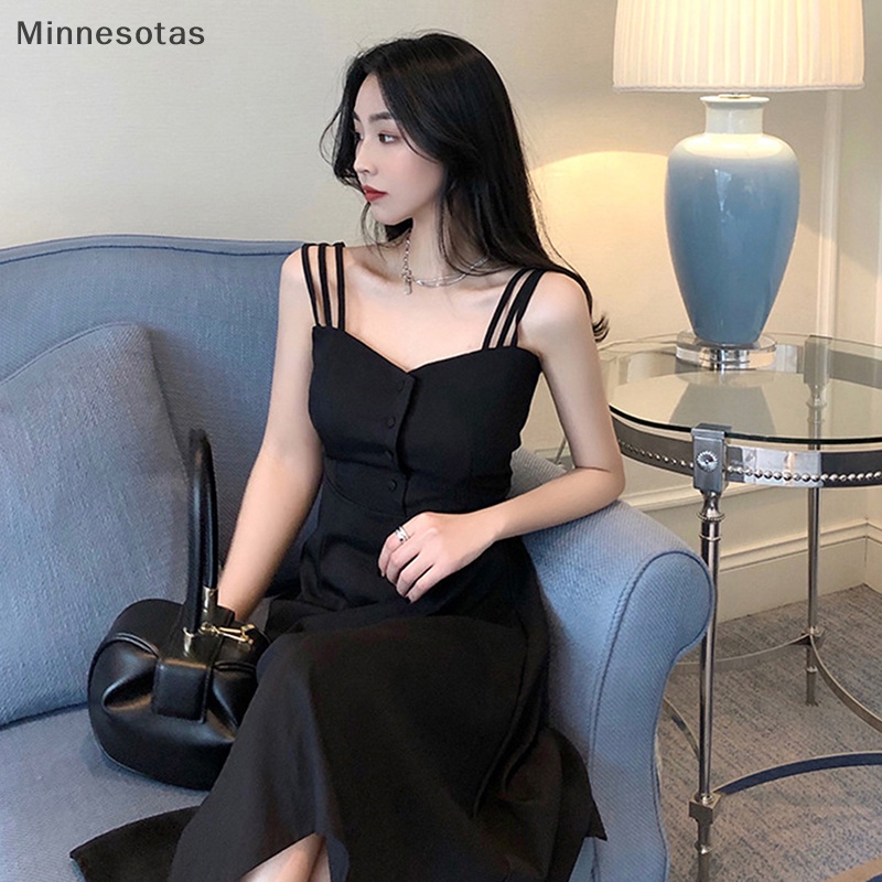 Đầm Hai Dây Dáng Chữ a Màu Trơn Hở Lưng Thời Trang Mùa Hè Hàn Quốc Quyến Rũ Cho Nữ