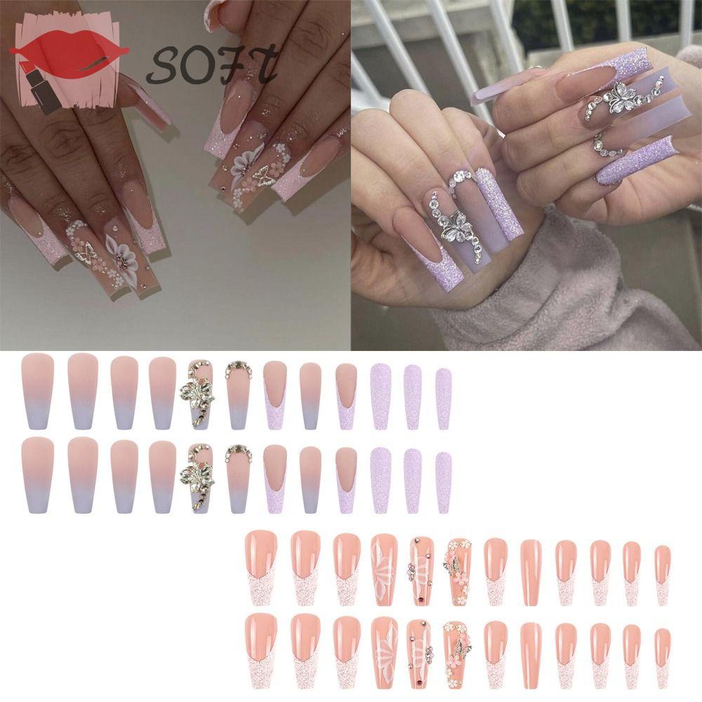 SOFTNESS Bộ Móng Tay Giả Dáng Dài Chữ T Che Phủ Toàn Diện Thời Trang Cho Nữ