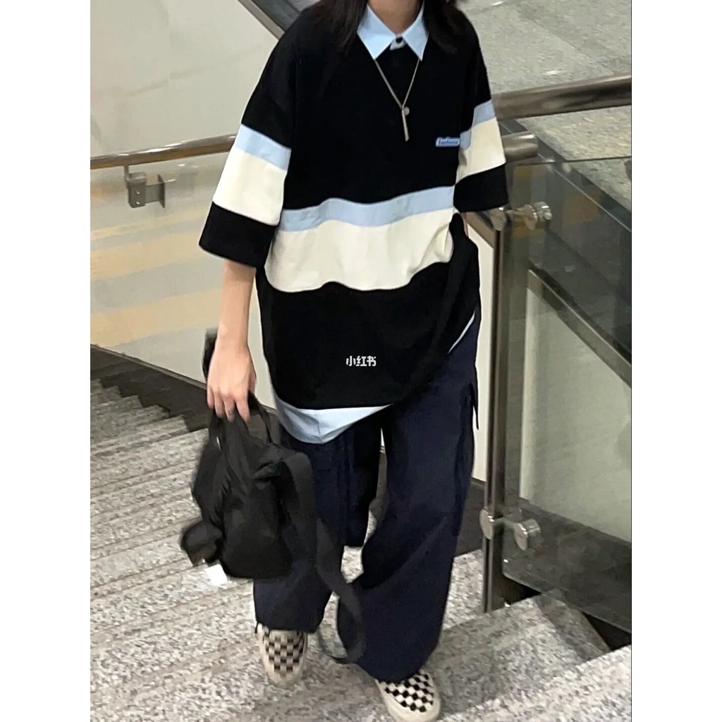 Áo polo Ngắn Tay Dáng Rộng Họa Tiết Kẻ Sọc Thời Trang Mùa Hè Cho Nữ