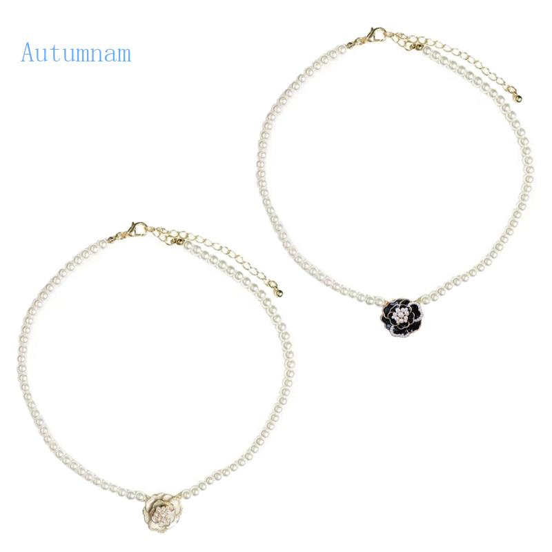 Vòng Cổ Choker Chất Liệu ABS Mặt Hoa Trà Đính Ngọc Trai Thanh Lịch Cho Nữ