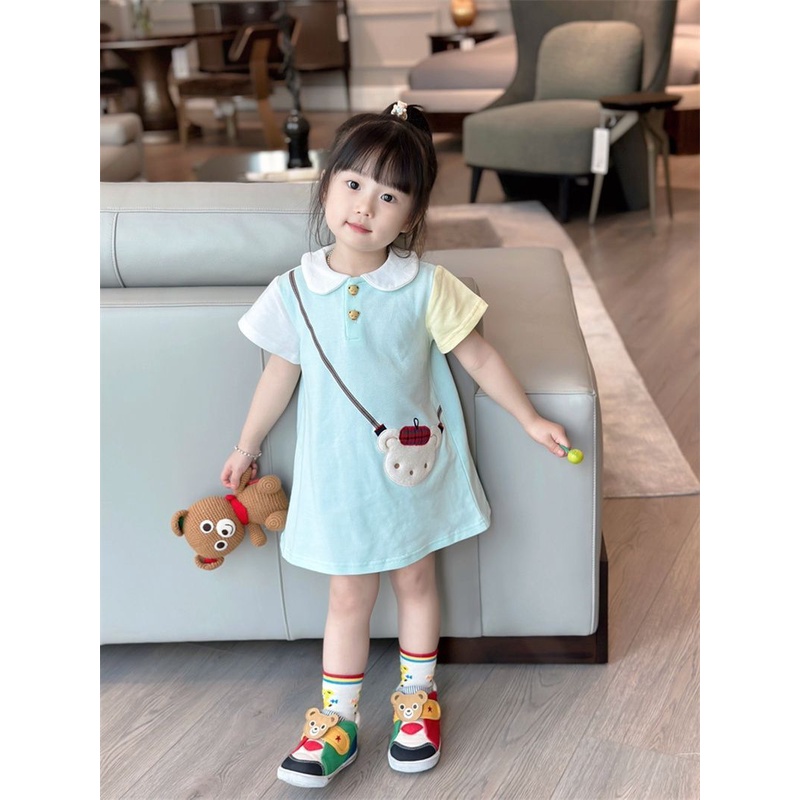 Đầm Thêu Hình Gấu Màu Macaron Phong Cách Hàn Quốc Dễ Thương Thời Trang Mùa Hè Cho Bé Gái