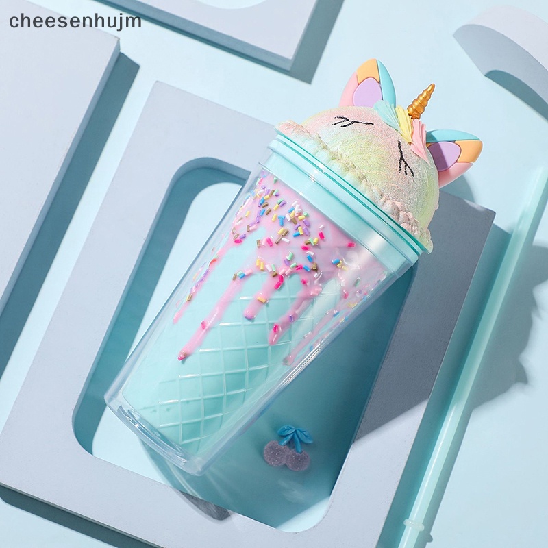 Cốc Uống Nước Hai Lớp Bằng Nhựa Họa Tiết Kỳ Lân Hoạt Hình Dễ Thương Kèm Ống Hút Tiện Dụng Cho Mùa Hè