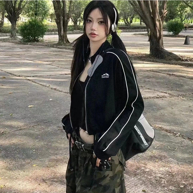 Áo Khoác Tay Dài Dáng Ngắn Ôm Eo Phối Khóa Kéo Thời Trang Mùa Thu Cá Tính Cho Nữ